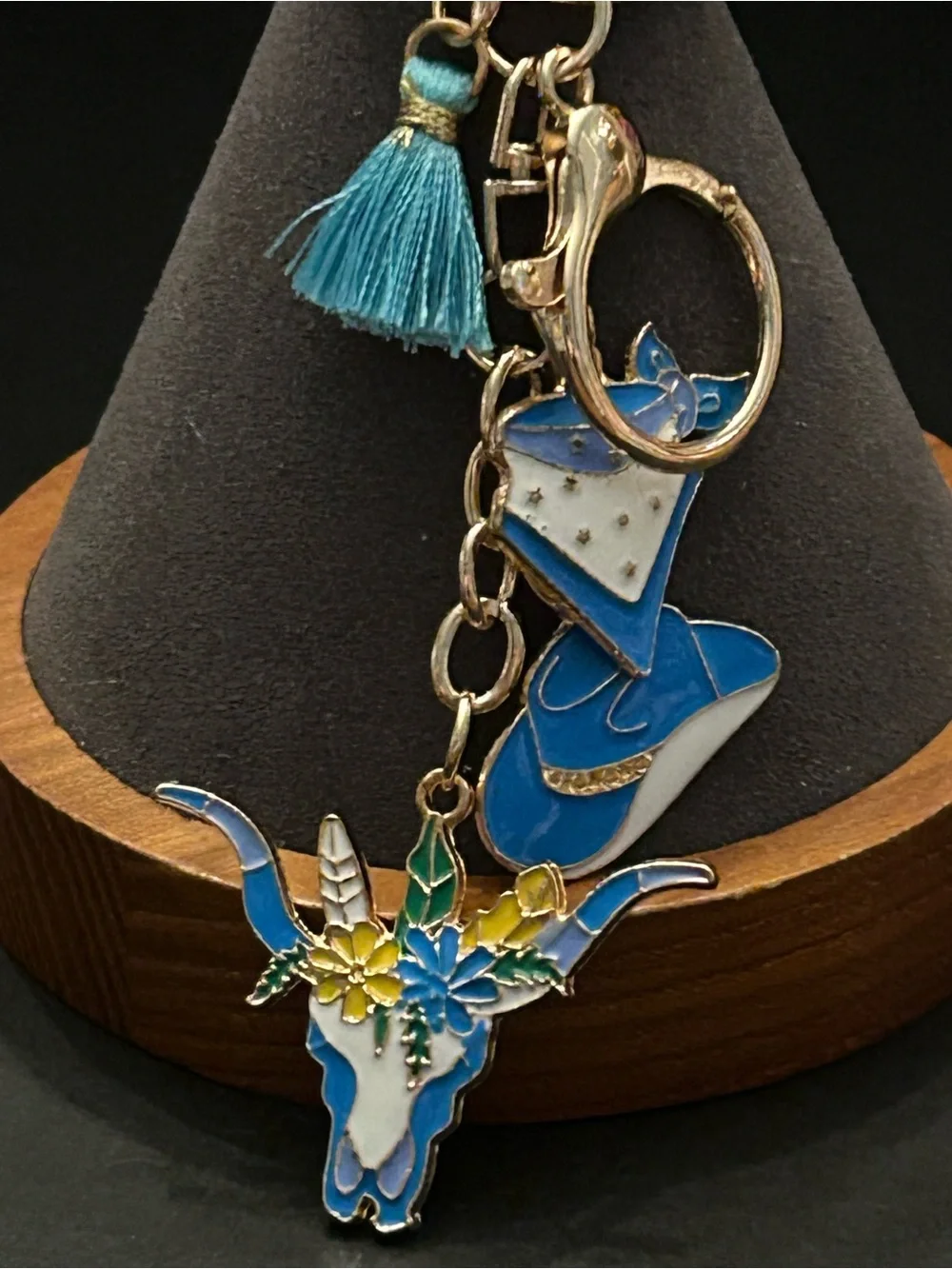 Mint Blue Floral Longhorn Western Design Bag Charm Keychain Key & Card Holder